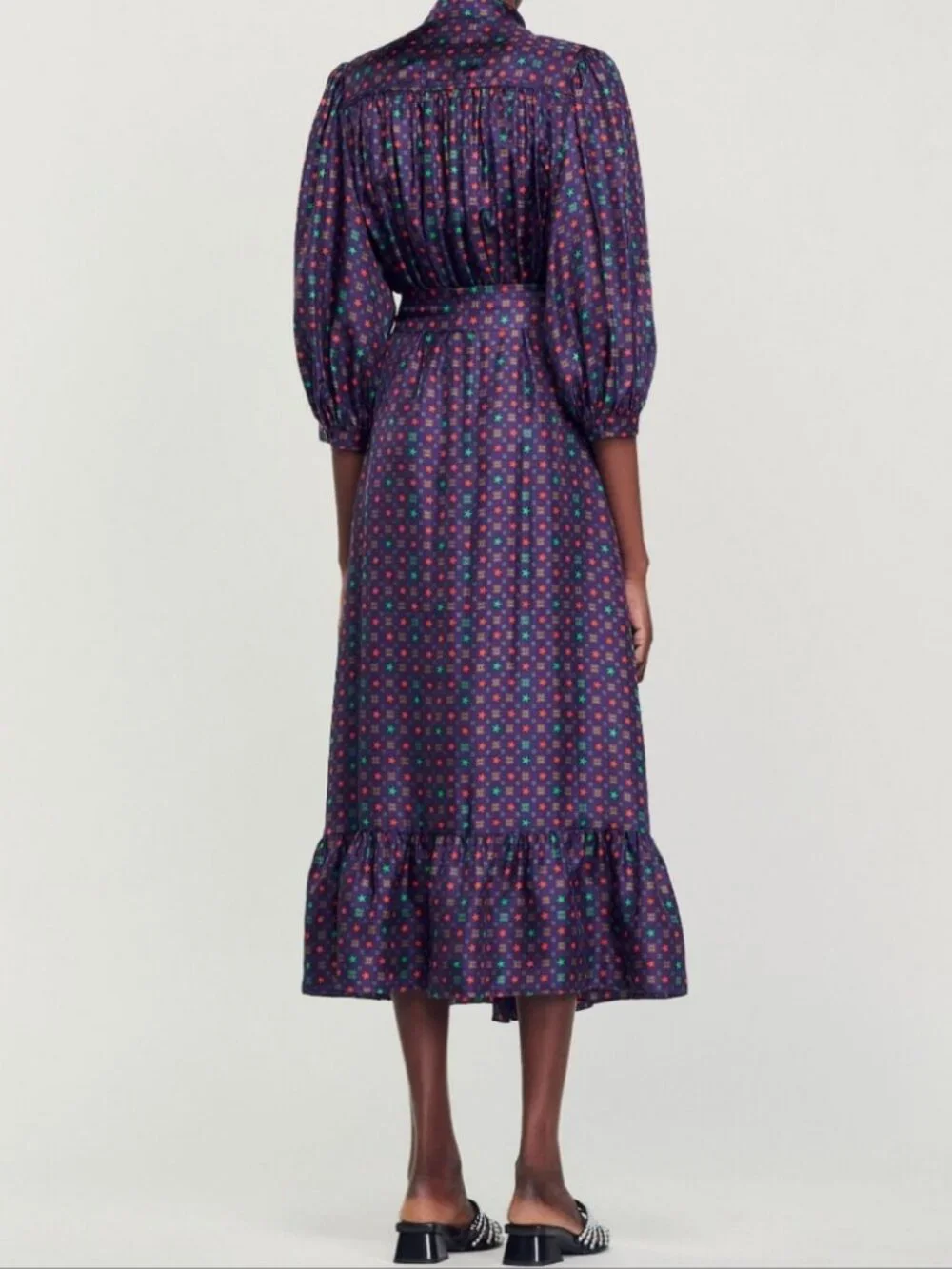 Sandro Paris | Scarf Print Midi Dress In Navy - Picture 3 of 16